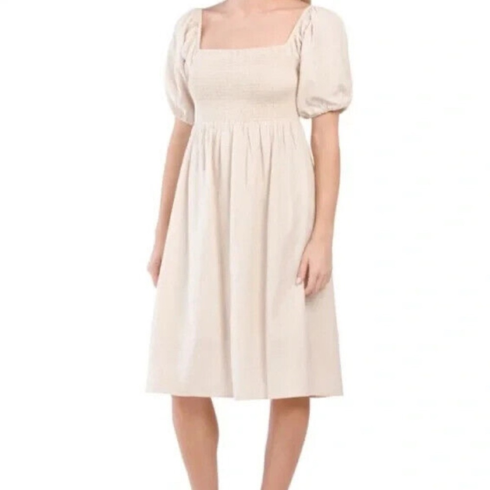 Gorgeous EUC cream/beige puffy sleeve dress linen/cotton dress